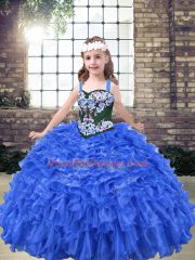 Attractive Ball Gowns Child Pageant Dress Blue Straps Organza Sleeveless Floor Length Lace Up