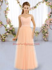 Fashionable Cap Sleeves Tulle Floor Length Zipper Damas Dress in Peach with Beading
