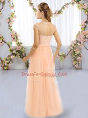 Fashionable Cap Sleeves Tulle Floor Length Zipper Damas Dress in Peach with Beading