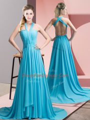 Beauteous Aqua Blue Sleeveless Beading and Ruching Backless Dress for Prom