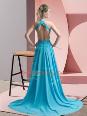 Beauteous Aqua Blue Sleeveless Beading and Ruching Backless Dress for Prom