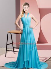 Beauteous Aqua Blue Sleeveless Beading and Ruching Backless Dress for Prom