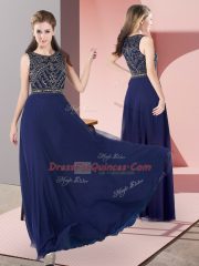 Floor Length Navy Blue Prom Dress Chiffon Sleeveless Beading