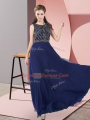 Floor Length Navy Blue Prom Dress Chiffon Sleeveless Beading