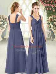 Delicate Blue Empire Chiffon Straps Sleeveless Ruching Floor Length Zipper Prom Evening Gown