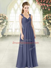 Delicate Blue Empire Chiffon Straps Sleeveless Ruching Floor Length Zipper Prom Evening Gown