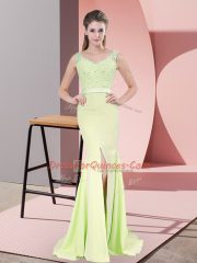Yellow Green Sleeveless Sweep Train Beading and Lace Dress for Prom