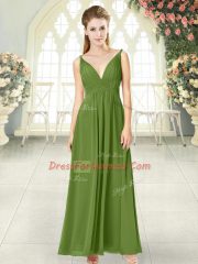 Olive Green Sleeveless Ankle Length Ruching Backless