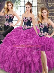 Fuchsia Ball Gowns Embroidery and Ruffles Quince Ball Gowns Lace Up Organza Sleeveless Floor Length