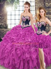 Fuchsia Ball Gowns Embroidery and Ruffles Quince Ball Gowns Lace Up Organza Sleeveless Floor Length