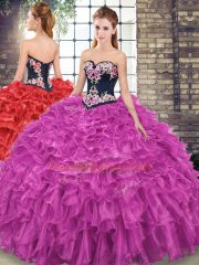 Fuchsia Ball Gowns Embroidery and Ruffles Quince Ball Gowns Lace Up Organza Sleeveless Floor Length