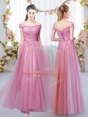 Suitable Pink Sleeveless Tulle Lace Up Dama Dress for Quinceanera for Prom and Party and Wedding Party