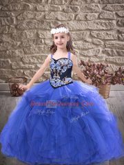 Customized Royal Blue Straps Lace Up Embroidery and Ruffles Child Pageant Dress Sleeveless