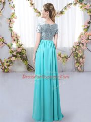 Luxury Blue Empire Chiffon Scoop Short Sleeves Sequins Floor Length Zipper Quinceanera Court Dresses
