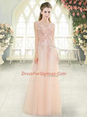 Custom Fit Beading and Lace and Appliques Prom Gown Pink Zipper Sleeveless Floor Length