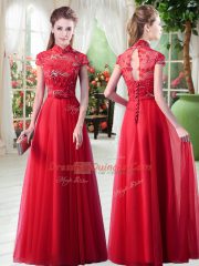 Red A-line High-neck Cap Sleeves Tulle Floor Length Lace Up Appliques