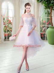 Custom Made White Zipper High-neck Lace Prom Dress Tulle Half Sleeves
