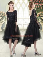 Stunning Black A-line Tulle Scoop Half Sleeves Lace High Low Lace Up Prom Gown
