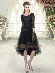 Stunning Black A-line Tulle Scoop Half Sleeves Lace High Low Lace Up Prom Gown