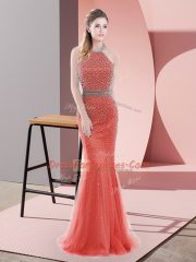 Flare Red Tulle Backless Evening Dress Sleeveless Sweep Train Beading