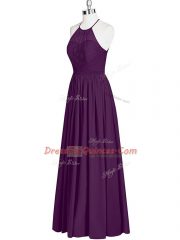 Unique Halter Top Sleeveless Zipper Prom Dresses Eggplant Purple Chiffon