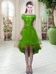 Fitting A-line Prom Gown Off The Shoulder Tulle Short Sleeves High Low Lace Up