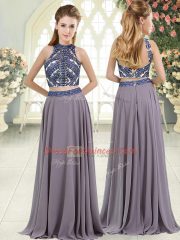 Glittering Grey Backless Prom Gown Beading Sleeveless Floor Length