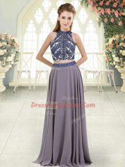 Glittering Grey Backless Prom Gown Beading Sleeveless Floor Length