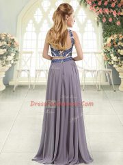 Glittering Grey Backless Prom Gown Beading Sleeveless Floor Length