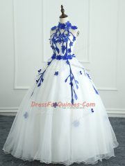 Shining White High-neck Zipper Appliques Ball Gown Prom Dress Sleeveless