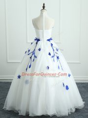Shining White High-neck Zipper Appliques Ball Gown Prom Dress Sleeveless