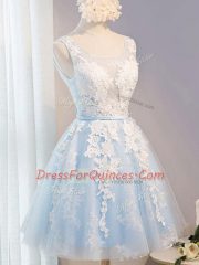 Appliques and Belt Prom Party Dress Baby Blue Lace Up Sleeveless Knee Length