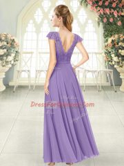 Glamorous Empire Prom Dress Green V-neck Chiffon Cap Sleeves Ankle Length Zipper