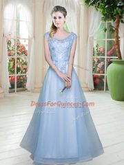 Simple Light Blue Evening Dress Prom and Party with Lace Scoop Cap Sleeves Lace Up