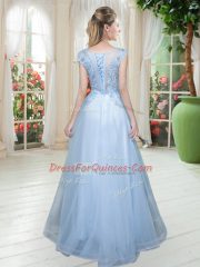 Simple Light Blue Evening Dress Prom and Party with Lace Scoop Cap Sleeves Lace Up