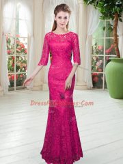 Enchanting Hot Pink Half Sleeves Lace Floor Length Dress for Prom