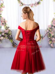 New Style Red Lace Up Dama Dress for Quinceanera Ruching Sleeveless Knee Length