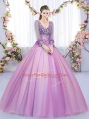 Amazing Lilac Ball Gowns Lace and Appliques 15th Birthday Dress Lace Up Tulle Long Sleeves Floor Length