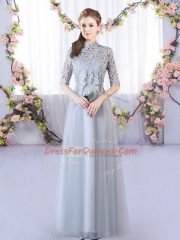 High End Tulle High-neck Half Sleeves Lace Up Lace Dama Dress for Quinceanera in Grey