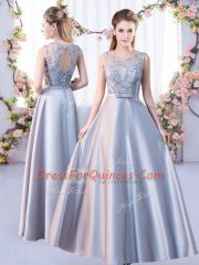 Lovely Silver Empire Lace Quinceanera Dama Dress Lace Up Satin Sleeveless Floor Length