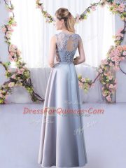 Lovely Silver Empire Lace Quinceanera Dama Dress Lace Up Satin Sleeveless Floor Length