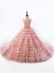 Pink Ball Gowns Scoop Sleeveless Beading and Ruffled Layers Lace Up Little Girl Pageant Gowns Court Train