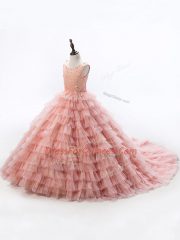 Pink Ball Gowns Scoop Sleeveless Beading and Ruffled Layers Lace Up Little Girl Pageant Gowns Court Train