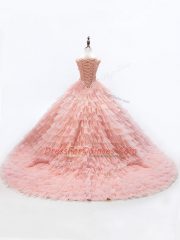 Pink Ball Gowns Scoop Sleeveless Beading and Ruffled Layers Lace Up Little Girl Pageant Gowns Court Train