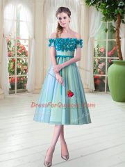 A-line Prom Dress Aqua Blue Off The Shoulder Tulle Sleeveless Tea Length Lace Up