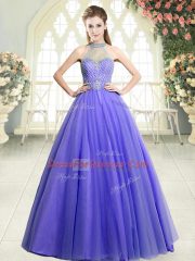 Lavender Sleeveless Floor Length Beading Zipper Prom Evening Gown