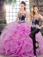 Artistic Lilac Tulle Lace Up Sweetheart Sleeveless Floor Length Sweet 16 Quinceanera Dress Sweep Train Embroidery and Ruffles