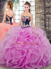 Artistic Lilac Tulle Lace Up Sweetheart Sleeveless Floor Length Sweet 16 Quinceanera Dress Sweep Train Embroidery and Ruffles