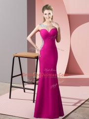 Floor Length Fuchsia Prom Dress Satin Sleeveless Beading