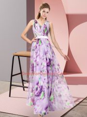 Classical Empire Prom Evening Gown Multi-color V-neck Printed Sleeveless Floor Length Zipper